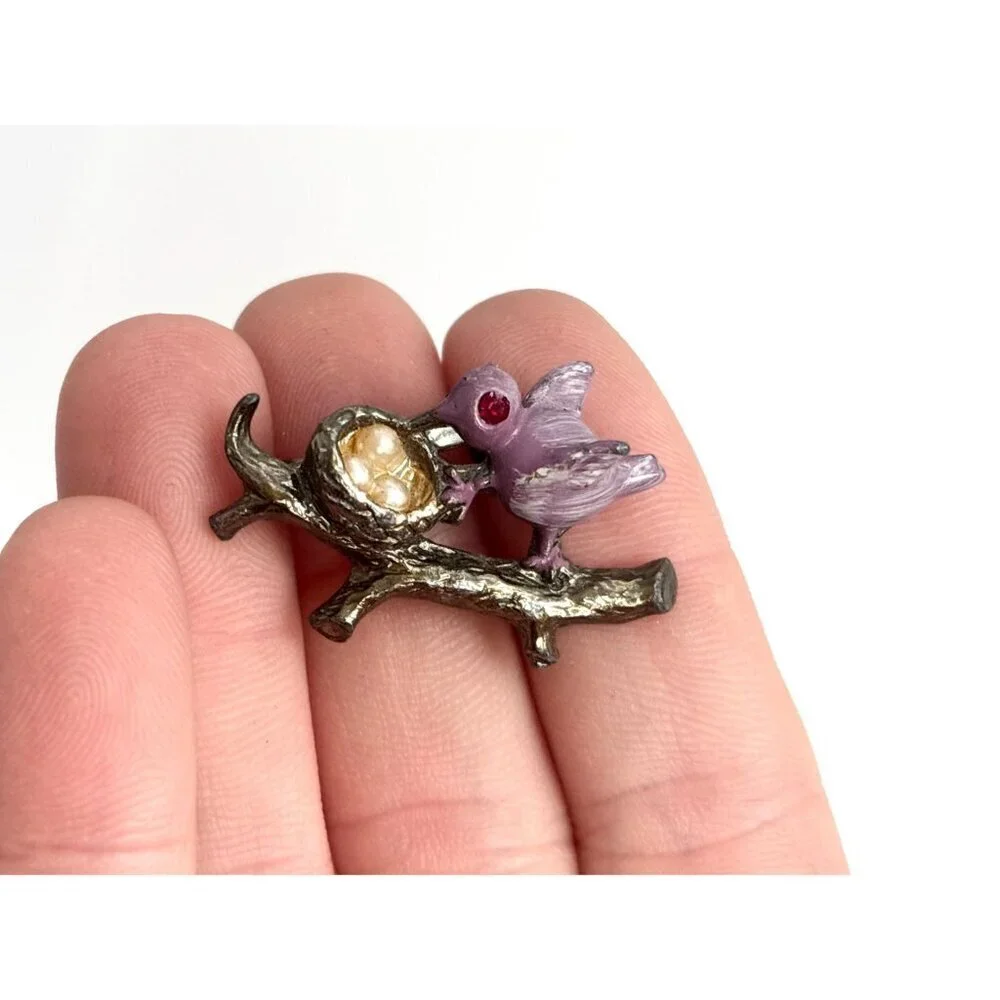 Lavender Perched Bird Figural on Branch with Eggs Costume Jewelry Brooch